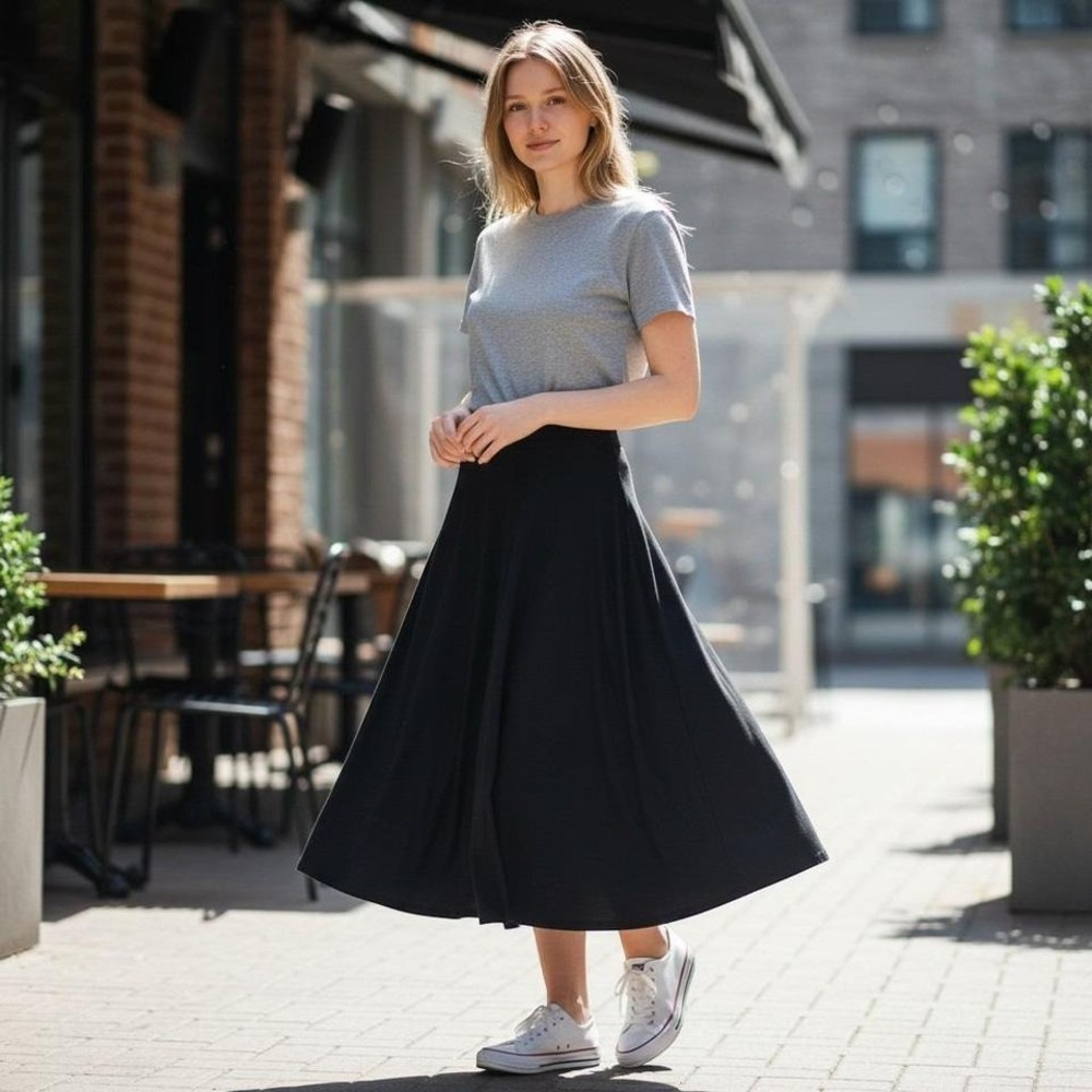 Kate Kasin Womens Black A-Line Midi Skirt High Waisted Cotton Stretch Large